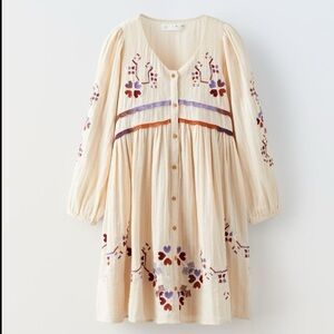 Zara girls Cream Dress with Purple and Red Embroidery